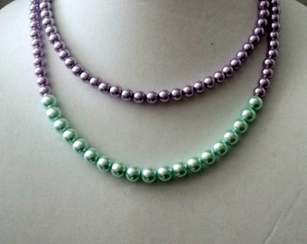 Aqua Purple Glass Pearl Necklace, Long Beaded Strand, Handmade