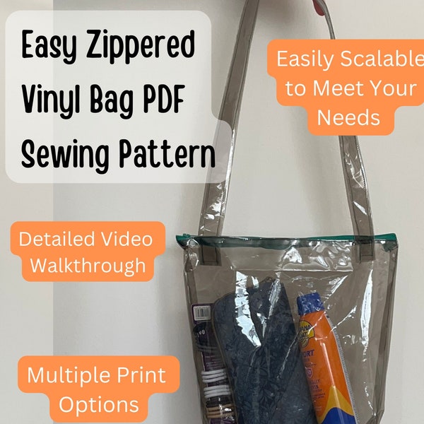 How to Sew a Zippered Vinyl Bag PDF Pattern | PDF Sewing a Beach Bag | Stadium Bag Sewing Guide | Easily Scalable Beach Bag Sewing PDF Guide