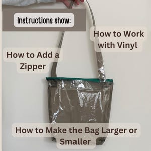 K&ouml;nnte beinhalten: Anleitung zum Anbringen eines Rei&szlig;verschlusses, zur Arbeit mit Vinyl und zum Vergr&ouml;&szlig;ern oder Verkleinern einer Tasche. Eine transparente Plastiktasche mit einem gr&uuml;nen Rei&szlig;verschluss.