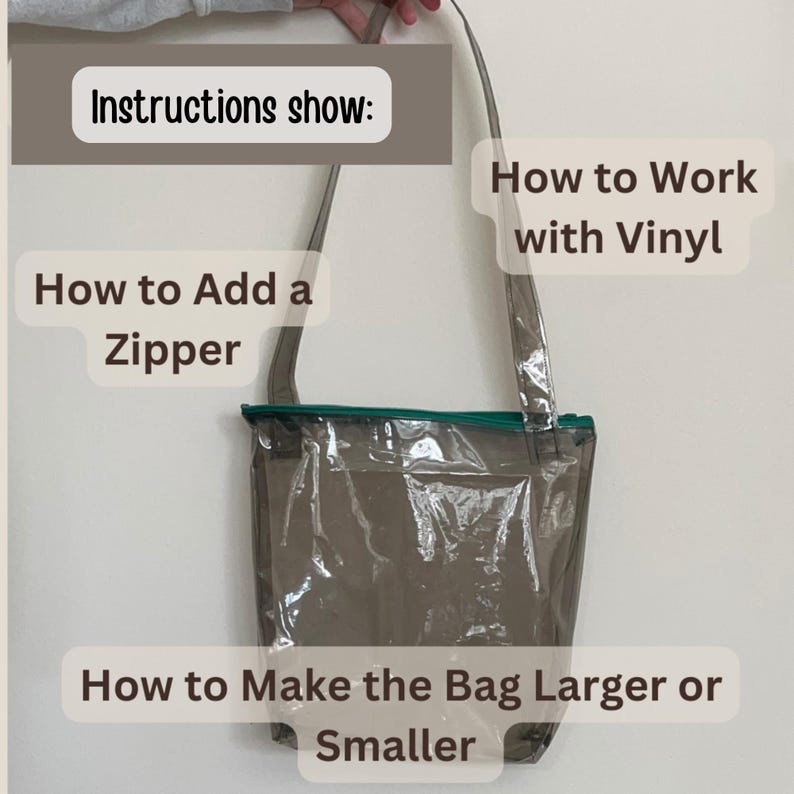 K&ouml;nnte beinhalten: Anleitung zum Anbringen eines Rei&szlig;verschlusses, zur Arbeit mit Vinyl und zum Vergr&ouml;&szlig;ern oder Verkleinern einer Tasche. Eine transparente Plastiktasche mit einem gr&uuml;nen Rei&szlig;verschluss.