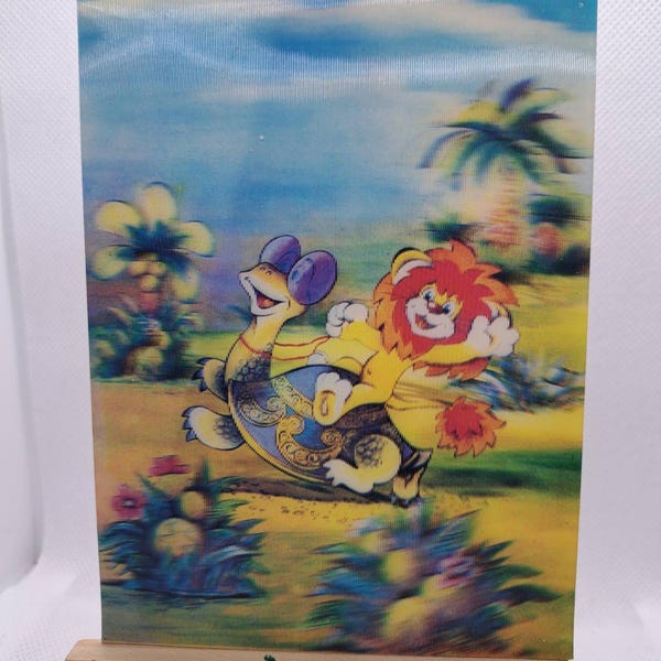 Soviet Russia unused 3d 3 d lenticular holographic postcard stereo Lion cub and Turtle musical cartoon fairy tale USSR 1988