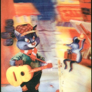 Katze mit Gitarre und Maus Urban Romanze Russland 3d 3d Linsenförmige Irisierende Postkarte Stereo Foto Holographisch 1989