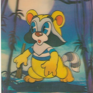 Vintage Sowjetunion unbenutzte 3d 3 d linsenförmige schillernde Postkarte Stereofoto Holographische Karikatur kleiner Waschbär UdSSR 1986
