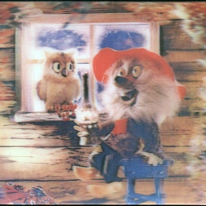 Russland Karikatur Onkel AU alte Waldmann und Eule sowjetisch irisierende 3D-Postkarte Stereo Foto Holo UdSSR 1984