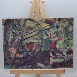 Joyeux lièvre dessin animé écureuil lapin souris Russie soviétique 3D 3D lenticulaire carte postale irisée photo stéréo holographique 1991