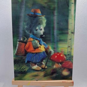 Reizendes Igel und Pilz- amanita Fliegenpilz Russland irisierend irisierend 3D-Postkarte Stereo-Foto Holographische Märchen 1988