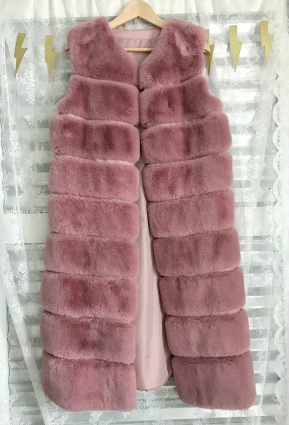 Pink puffy faux fur extra long vest