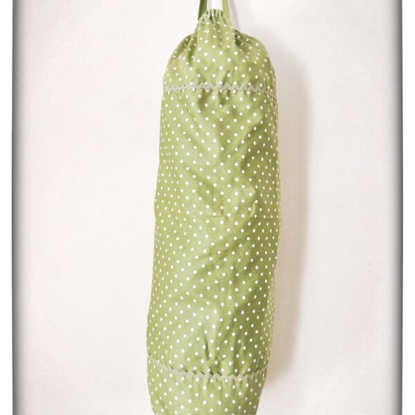Polka Dot Grocery Bag Holder in Olive Green with white dots - Plastic Bag Holder - Perfect Bag organiser for Kitchen or Laundry