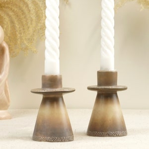 Pair of Hand Carved African Soapstone Candle Holders, Neutral Kenya Tapered Candlestick Holder