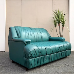 Vintage Post Modern Ruched Leather Sofa, Contemporary Italian Style Teal Loveseat