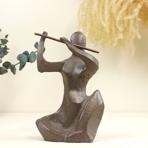 Vintage Modernist Metal Flutist Sculpture, Abstract Woman Playing Flute