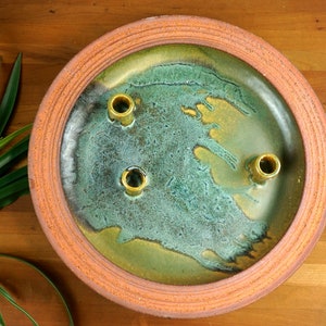 Vintage Studio Art Pottery Ceramic Candle Holder Plate, Blue Green Drip Glaze and Textured Earthenware Dish