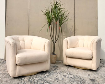 Vintage Tufted Back Swivel Lounge Chairs, Brass And Cream Tub Chairs