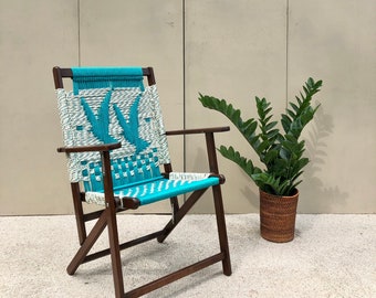 Vintage Woven Teal Macrame Wood Frame Folding Lawn Chair