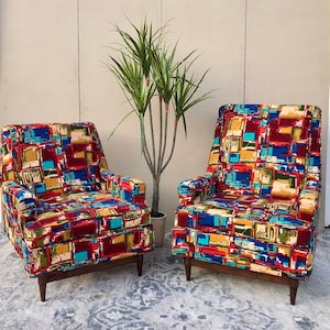 Vintage MCM His and Hers Lounge Chairs, Mid Century Modern Multicolor Pair of Chairs
