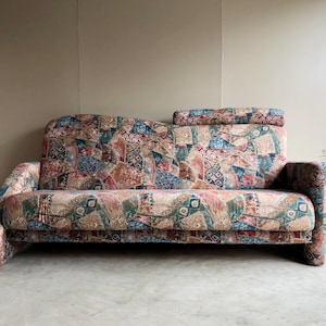 Vintage 80s 90s Post Modern Asymmetric Sofa / Futon with Abstract Multicolor Upholstery