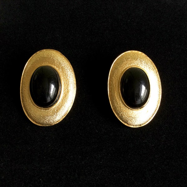 Modernist GUCCI PAOLO Earrings Black Cabochons Set in Textured Gold