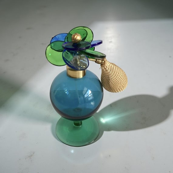 Vintage West German Perfume Bottle Blown Glass Flower on Top Atomizer LOOK