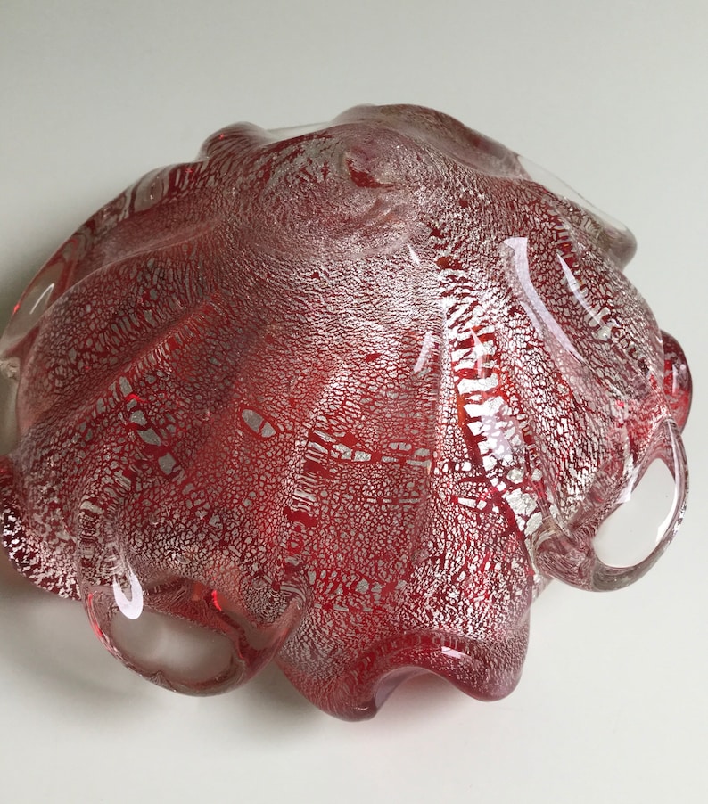 Vintage Murano Ashtray Candy Bowl Red w Silver Fleck