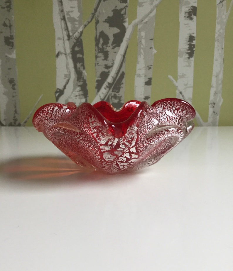 Vintage Murano Ashtray Candy Bowl Red w Silver Fleck