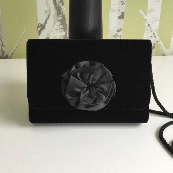 Vintage Henry Birks Velvet Evening Bag / Clutch Black with Satin Flower