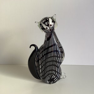 Vintage Murano Style Glass Cat Black and White Stylized Blown Glass