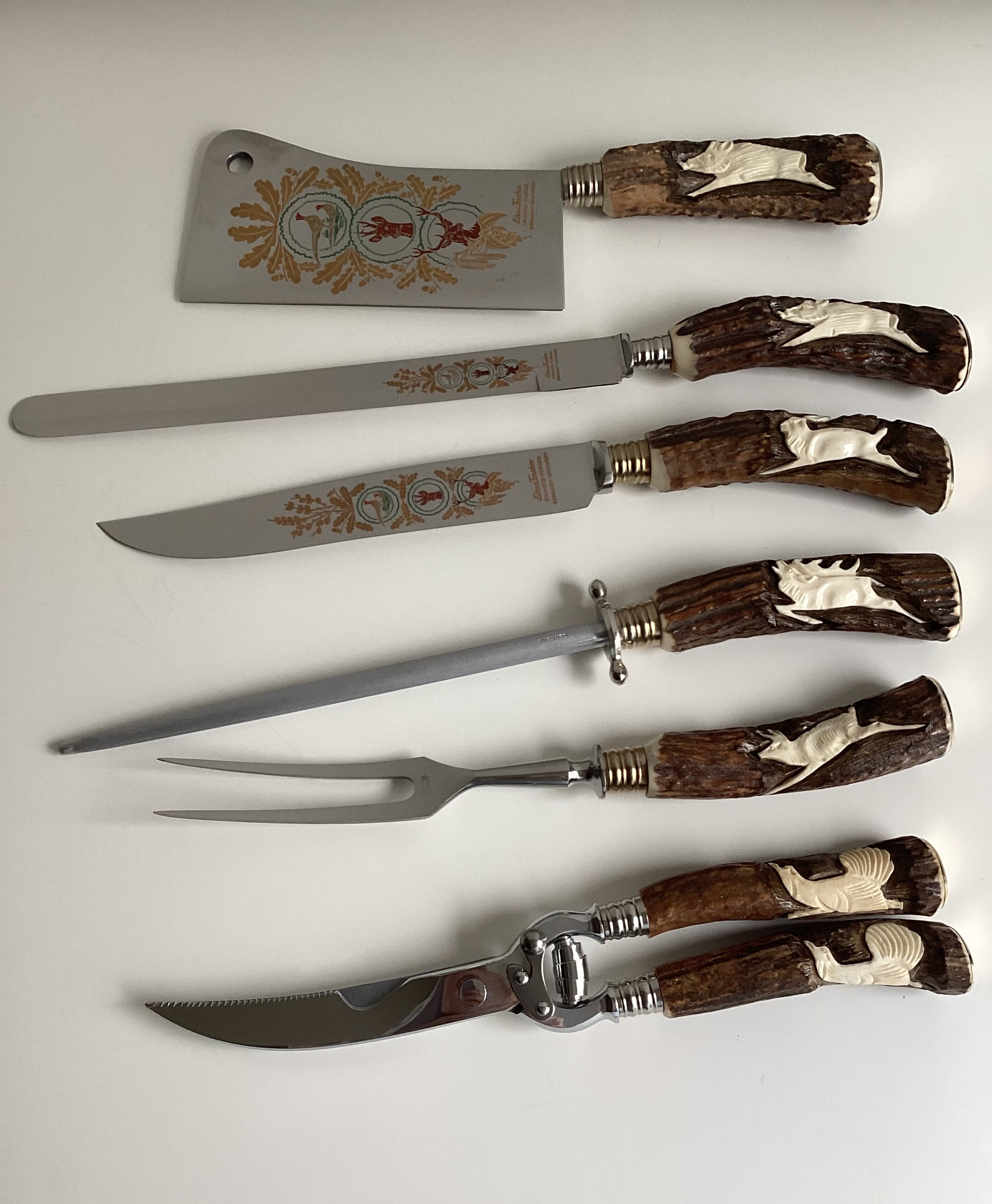 Rare Klaus Tragbar Carving Set 6 Pc. Carved Antler Germany