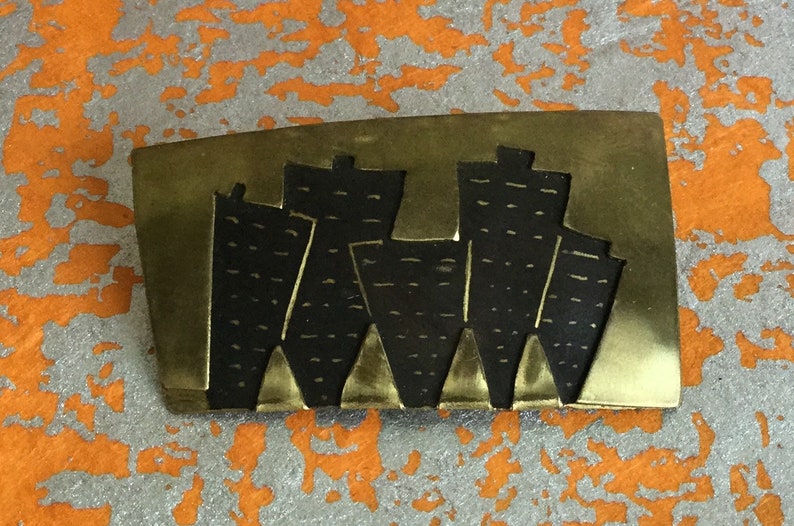 Vintage Modernist Brooch Cityscape in Brass Geometric Style