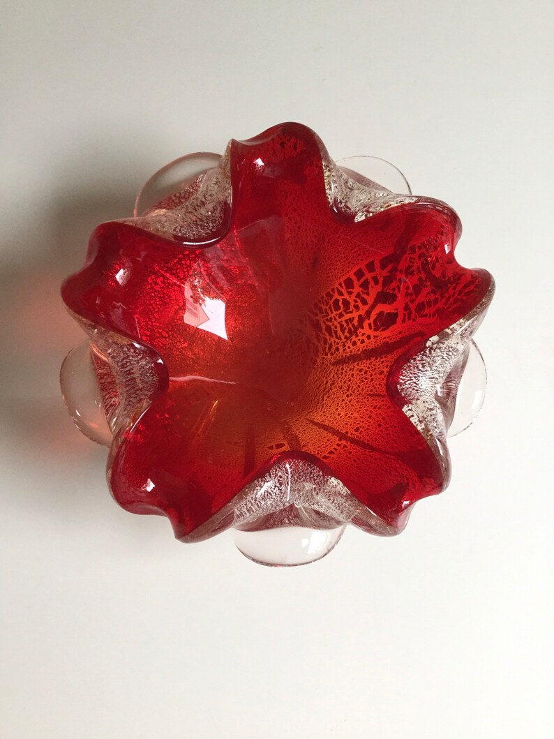 Vintage Murano Ashtray Candy Bowl Red w Silver Fleck