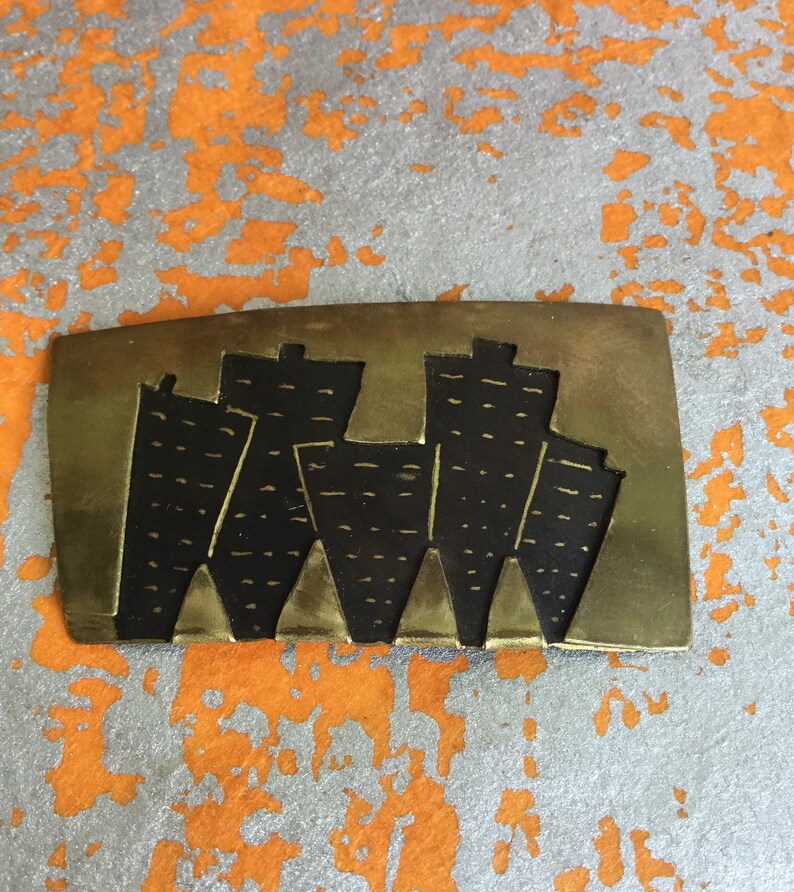 Vintage Modernist Brooch Cityscape in Brass Geometric Style