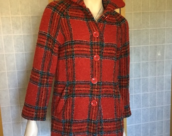 Vintage Red Plaid Coat COMPETENT Jacket  Wool