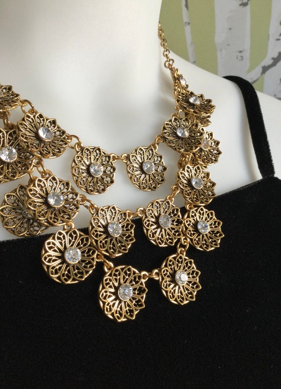 Vintage Gold Floral Necklace Set w/ Clear Rhinest… - image 1