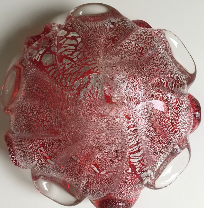Vintage Murano Ashtray Candy Bowl Red w Silver Fleck