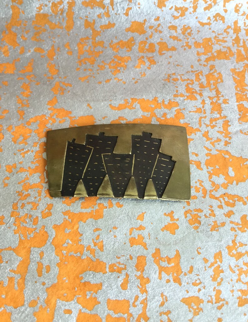 Vintage Modernist Brooch Cityscape in Brass Geometric Style