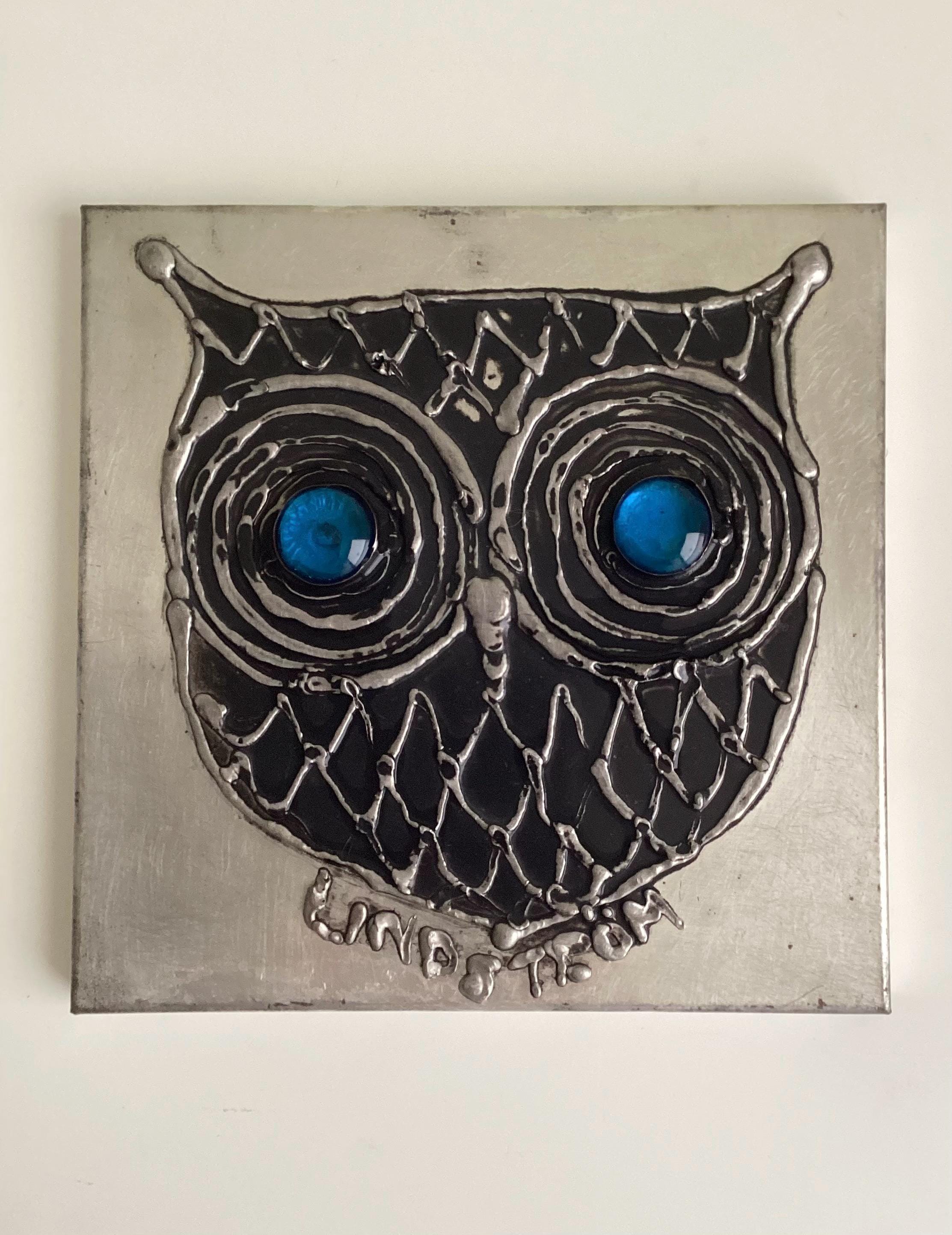 Vintage Pewter Owl Plaque by Sven Lindstrom for Viken Studio Blue Glass Eyes