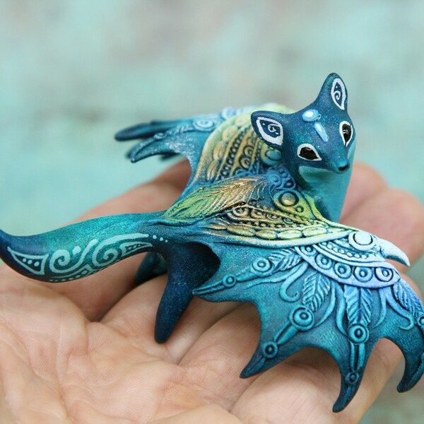 Winged Dragon Fox Figurine Animal Sculpture Totem Shamanic Tribal Woodland Creatures Decor Polymer Clay Animals Clay Figures Casting Resin