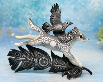 Running Wolf With Raven Totem Figurine Animal Sculpture Crow Gothic Decor Wolf Art Figures polymer clay animals
