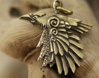 Flying raven bronze pendant necklace bird fantasy
