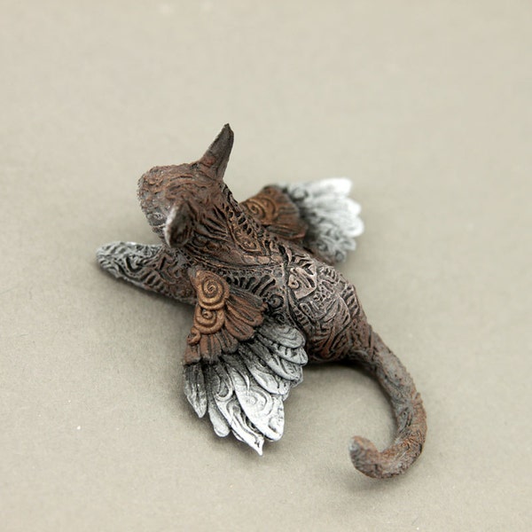 Grey winged cat figurine Ornament kitty totem miniature figure art decor, animal sculpture cute kawaii, ornament, cute cat