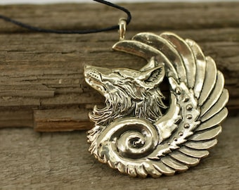 Winged fox wolf coyote bronze pendant necklace