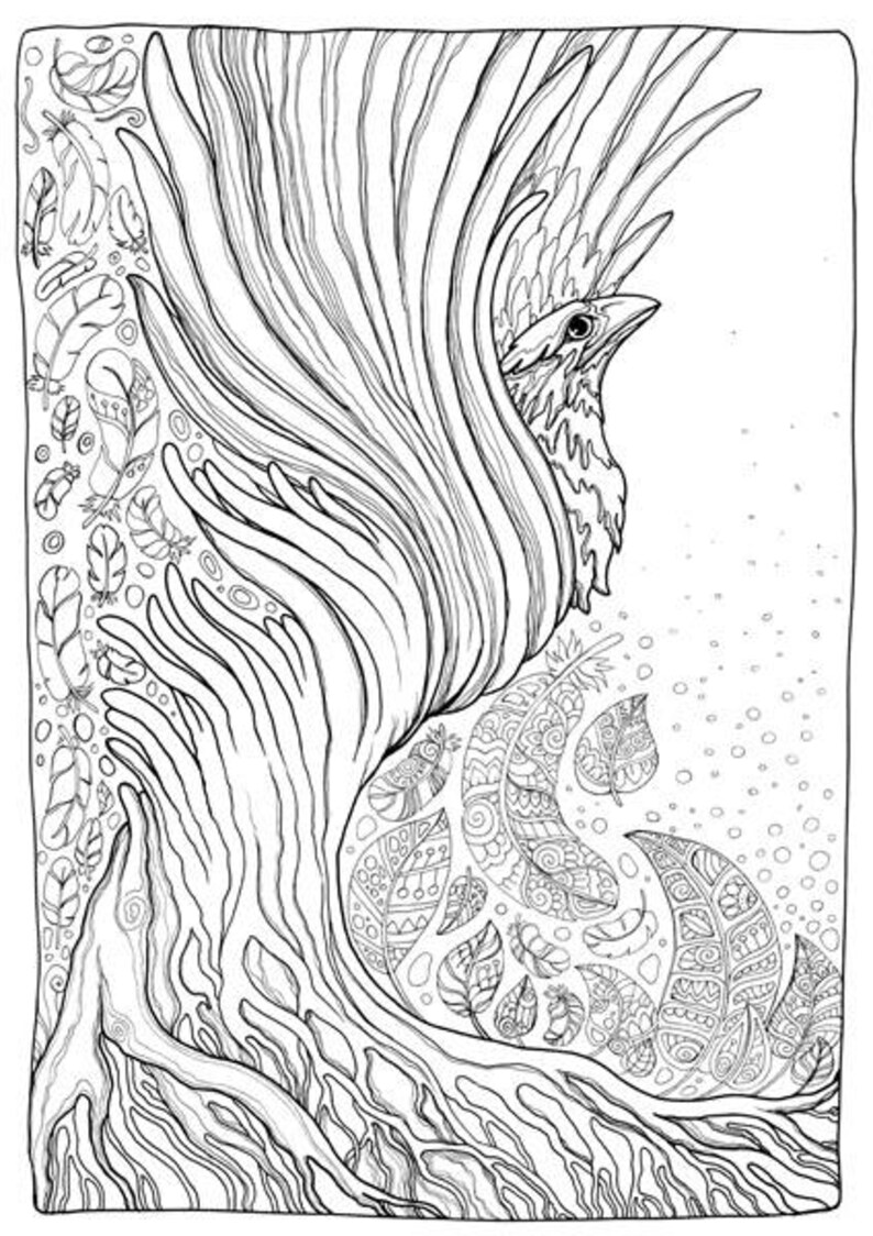 Adult Coloring Page Fantasy Tree-Bird Doodle Printable | Etsy