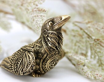 Bronze Raven Crow Bird Totem Halloween Figurine Fantasy Sculpture Guardian Spirit Amulet Shamanic Native