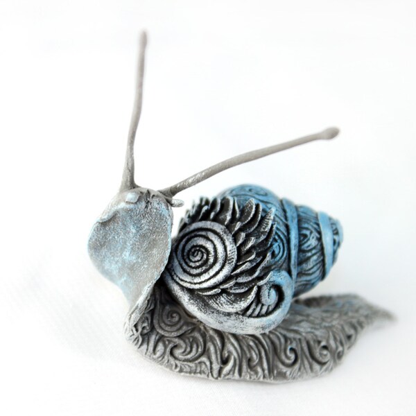 RESERVED Snail silver totem, clay figurine, ornamental miniature, gray, stylized metal, original gift handmade