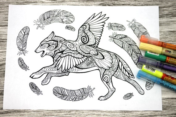 adult coloring page wolf and raven doodle printable colouring etsy denmark