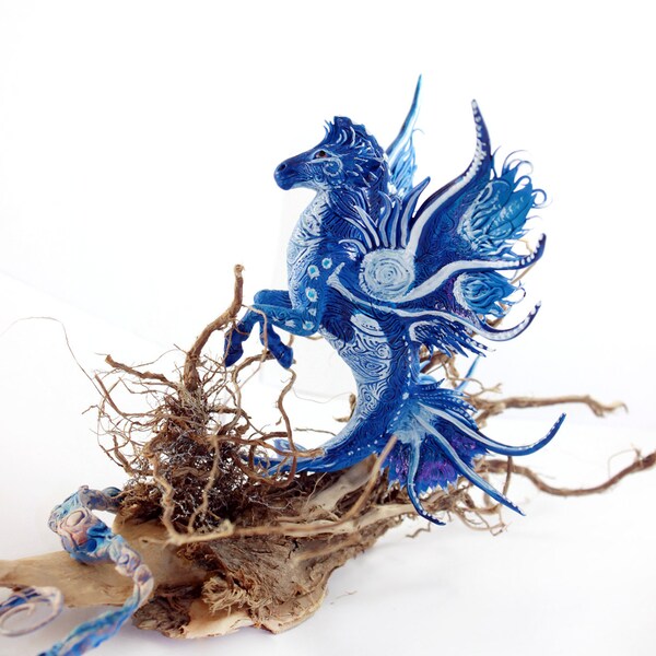 Sold at the festival! Hippocampus Horse Figurine Blue Fantasy Sea Horse Skulpture Art Marine Driftwood