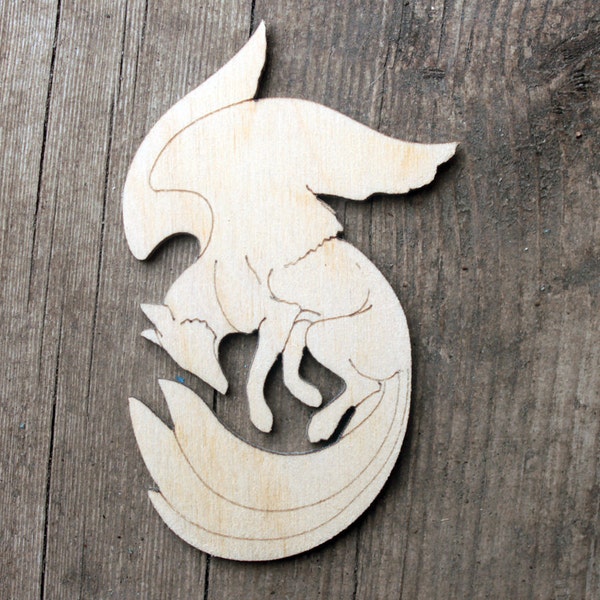 Wood kitsune winged  fox animal, brooch magnet decor home, for creative, for decoration, fantasy wood art, wood fox