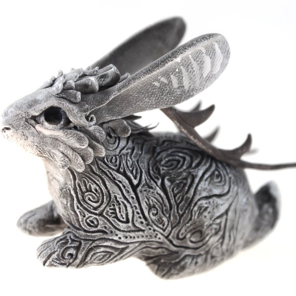 Jackalope Rabbit Hare Sculpture totem figurine Mascot Amulet grey silver dark.