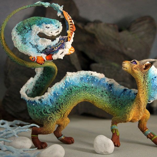 Cat Eastern Dragon OOAK Figurine Fantasy Spirit Elemental Dragon Sculpture Fantasy Animal Creature