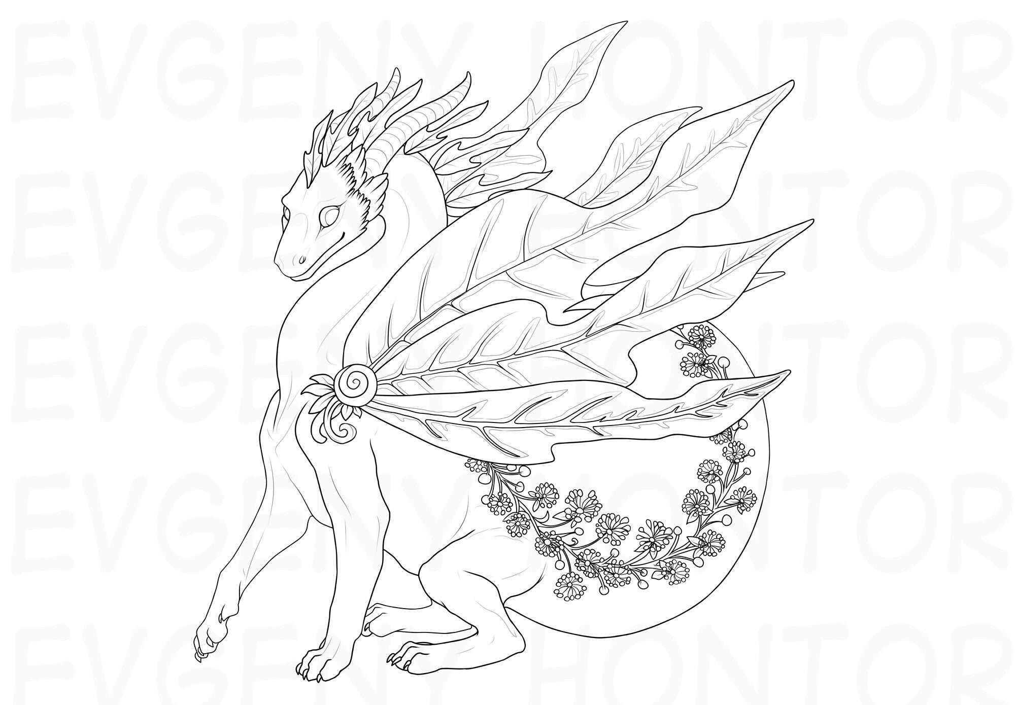 Plant Dragon Coloring Page Fantasy Lineart Doodle Printable | Etsy