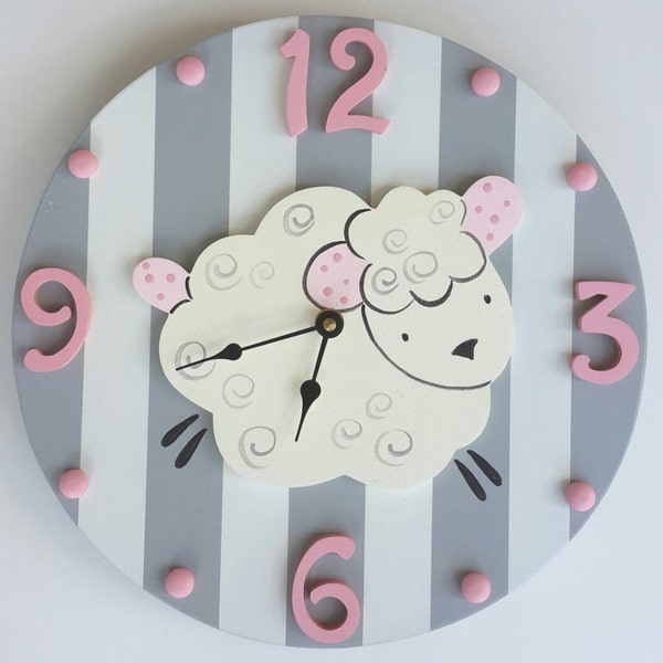 CLEARANCE ITEM! Gray and white striped wooden lamb wall clock 12', Last one!